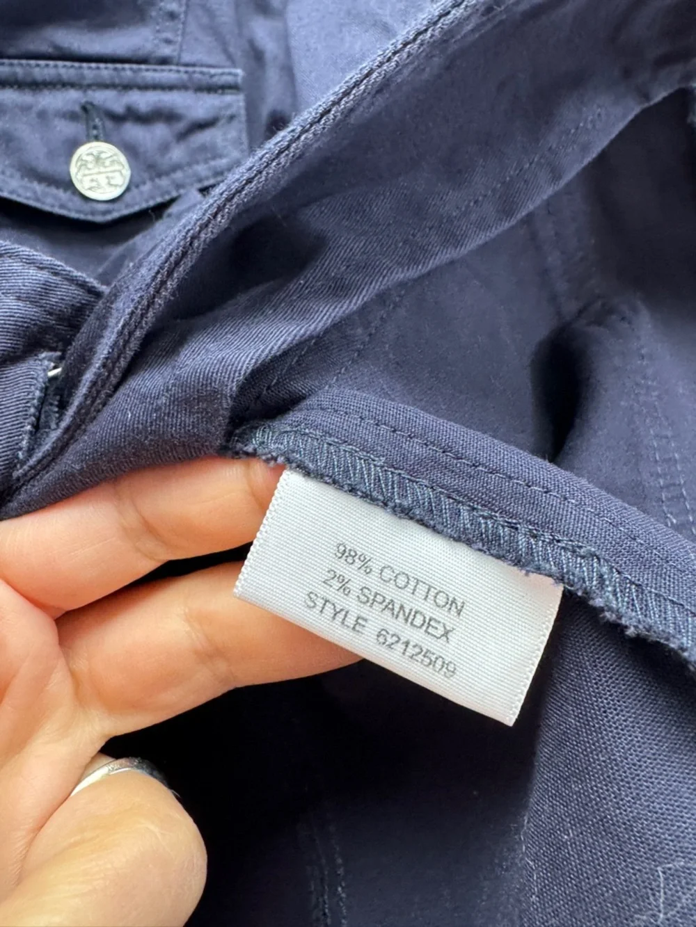 Tory Burch Dark Navy Utility Jacket with Silver Logo Buttons